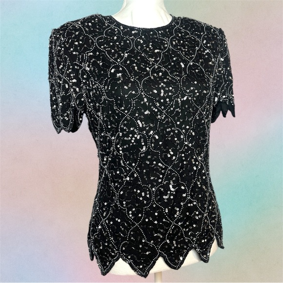 Papell Boutique Tops - Vintage Papell Boutique Black Silk Beaded Sequin Evening Top | M